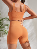 Easithlete 2Pcs Seamless Yoga Set Sports Suit Ribbed Knit Tank Wide Waistband Tummy Control Shorts